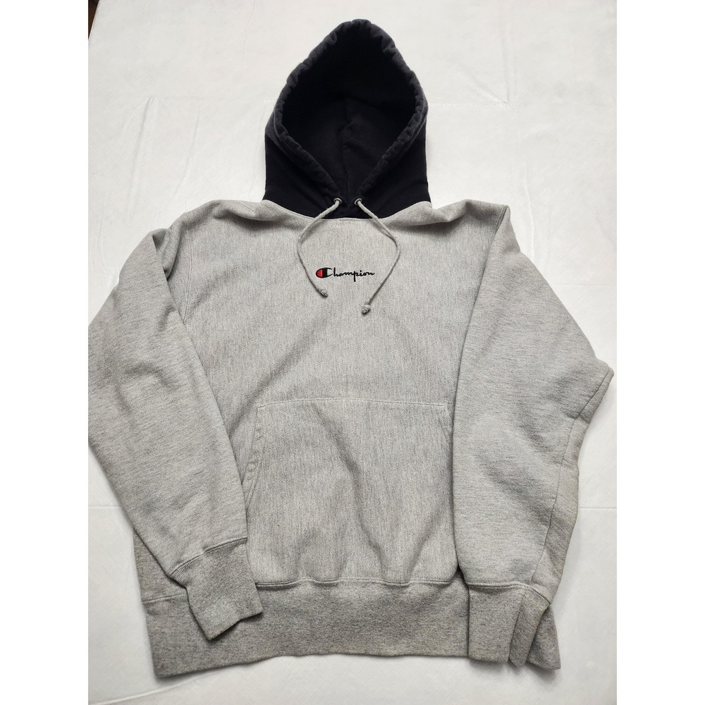 Champion Reverse Weave Sweatshirt‎ Hoodie Mens Large Gray Black Embroidered Logo